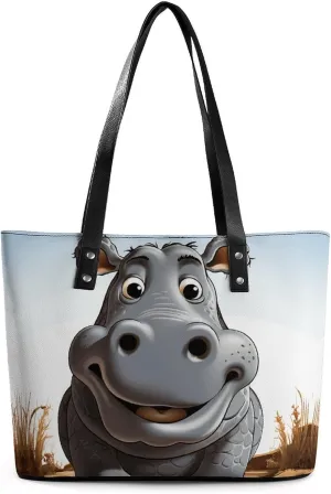 Leather Tote Bag Crossbody Bags for Women Fashion Top Handle Handbag Cartoon Hippo Ladies Shoulder Bags Casual Beach Bag Gym Bages Ladies Purses for Shopping Work Travel
