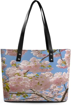 Leather Tote Bag Crossbody Bags for Women Fashion Top Handle Handbag Cherry Blossom Ladies Shoulder Bags Casual Beach Bag Gym Bages Ladies Purses for Shopping Work Travel