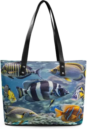 Leather Tote Bag Crossbody Bags for Women Fashion Top Handle Handbag Different Fish Ladies Shoulder Bags Casual Beach Bag Gym Bages Ladies Purses for Shopping Work Travel