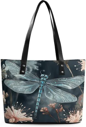 Leather Tote Bag Crossbody Bags for Women Fashion Top Handle Handbag Dragonfly Flower Ladies Shoulder Bags Casual Beach Bag Gym Bages Ladies Purses for Shopping Work Travel