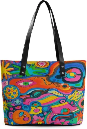Leather Tote Bag Crossbody Bags for Women Fashion Top Handle Handbag Graffiti Art Hippie Style Ladies Shoulder Bags Casual Beach Bag Gym Bages Ladies Purses for Shopping Work Travel
