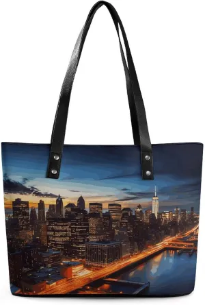 Leather Tote Bag Crossbody Bags for Women Fashion Top Handle Handbag New York City Scenery Ladies Shoulder Bags Casual Beach Bag Gym Bages Ladies Purses for Shopping Work Travel