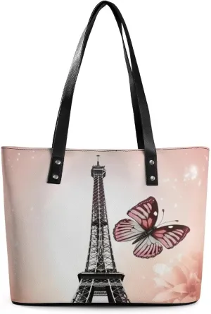 Leather Tote Bag Crossbody Bags for Women Fashion Top Handle Handbag Paris And Butterfly Ladies Shoulder Bags Casual Beach Bag Gym Bages Ladies Purses for Shopping Work Travel
