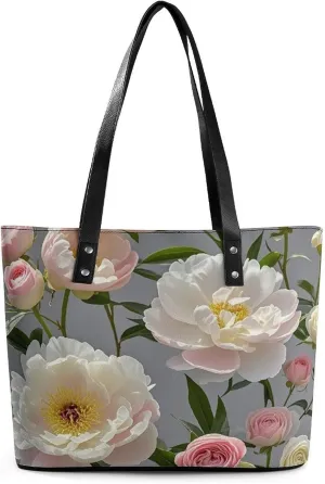 Leather Tote Bag Crossbody Bags for Women Fashion Top Handle Handbag Peony Flowers Rose Ladies Shoulder Bags Casual Beach Bag Gym Bages Ladies Purses for Shopping Work Travel