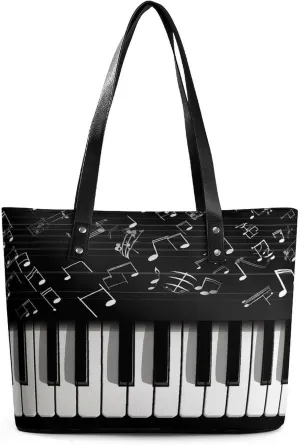 Leather Tote Bag Crossbody Bags for Women Fashion Top Handle Handbag Piano Keys with Musical Notes Ladies Shoulder Bags Casual Beach Bag Gym Bages Ladies Purses for Shopping Work Travel