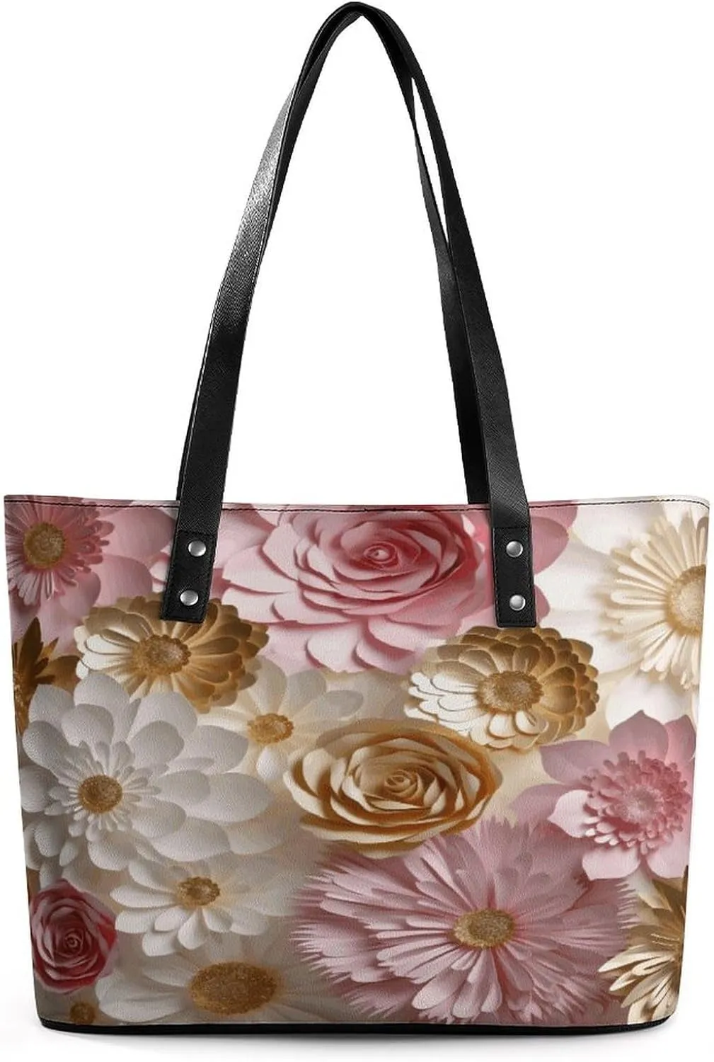Leather Tote Bag Crossbody Bags for Women Fashion Top Handle Handbag Pink White Gold Flowers Ladies Shoulder Bags Casual Beach Bag Gym Bages Ladies Purses for Shopping Work Travel