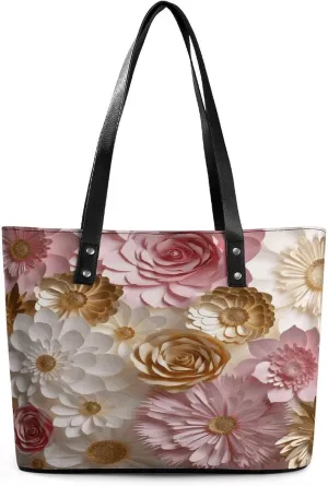 Leather Tote Bag Crossbody Bags for Women Fashion Top Handle Handbag Pink White Gold Flowers Ladies Shoulder Bags Casual Beach Bag Gym Bages Ladies Purses for Shopping Work Travel