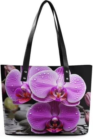 Leather Tote Bag Crossbody Bags for Women Fashion Top Handle Handbag Purple Orchid Ladies Shoulder Bags Casual Beach Bag Gym Bages Ladies Purses for Shopping Work Travel