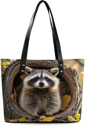 Leather Tote Bag Crossbody Bags for Women Fashion Top Handle Handbag Raccoon in The Fall Tree Hole Ladies Shoulder Bags Casual Beach Bag Gym Bages Ladies Purses for Shopping Work Travel