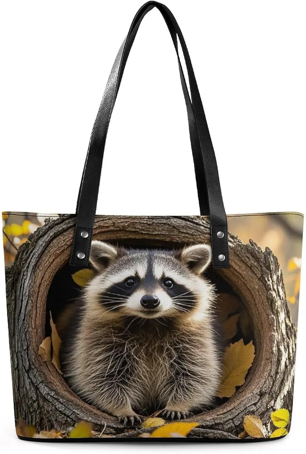 Leather Tote Bag Crossbody Bags for Women Fashion Top Handle Handbag Raccoon in The Fall Tree Hole Ladies Shoulder Bags Casual Beach Bag Gym Bages Ladies Purses for Shopping Work Travel