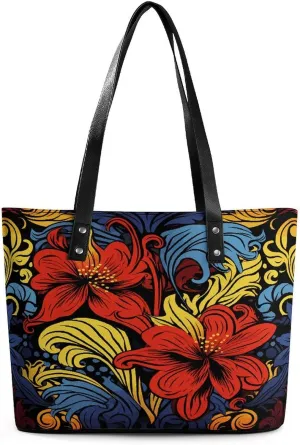 Leather Tote Bag Crossbody Bags for Women Fashion Top Handle Handbag Red And Yellow Style Ladies Shoulder Bags Casual Beach Bag Gym Bages Ladies Purses for Shopping Work Travel