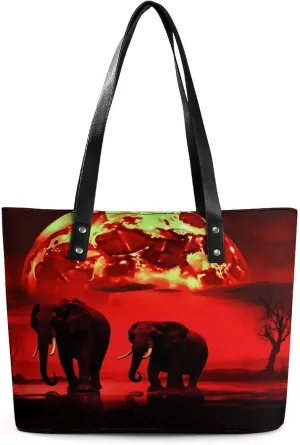 Leather Tote Bag Crossbody Bags for Women Fashion Top Handle Handbag Red Full Moon Elephants Ladies Shoulder Bags Casual Beach Bag Gym Bages Ladies Purses for Shopping Work Travel