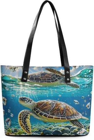Leather Tote Bag Crossbody Bags for Women Fashion Top Handle Handbag Sea Turtles Painting Ladies Shoulder Bags Casual Beach Bag Gym Bages Ladies Purses for Shopping Work Travel