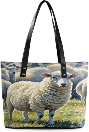 Leather Tote Bag Crossbody Bags for Women Fashion Top Handle Handbag Sheeps Watercolor Ladies Shoulder Bags Casual Beach Bag Gym Bages Ladies Purses for Shopping Work Travel