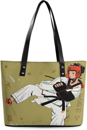 Leather Tote Bag Crossbody Bags for Women Fashion Top Handle Handbag Taekwondo Design Ladies Shoulder Bags Casual Beach Bag Gym Bages Ladies Purses for Shopping Work Travel