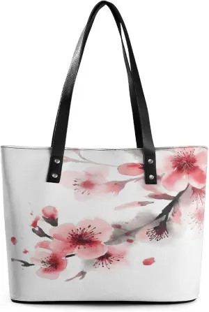 Leather Tote Bag Crossbody Bags for Women Fashion Top Handle Handbag Watercolor Pink Cherry Florals Ladies Shoulder Bags Casual Beach Bag Gym Bages Ladies Purses for Shopping Work Travel