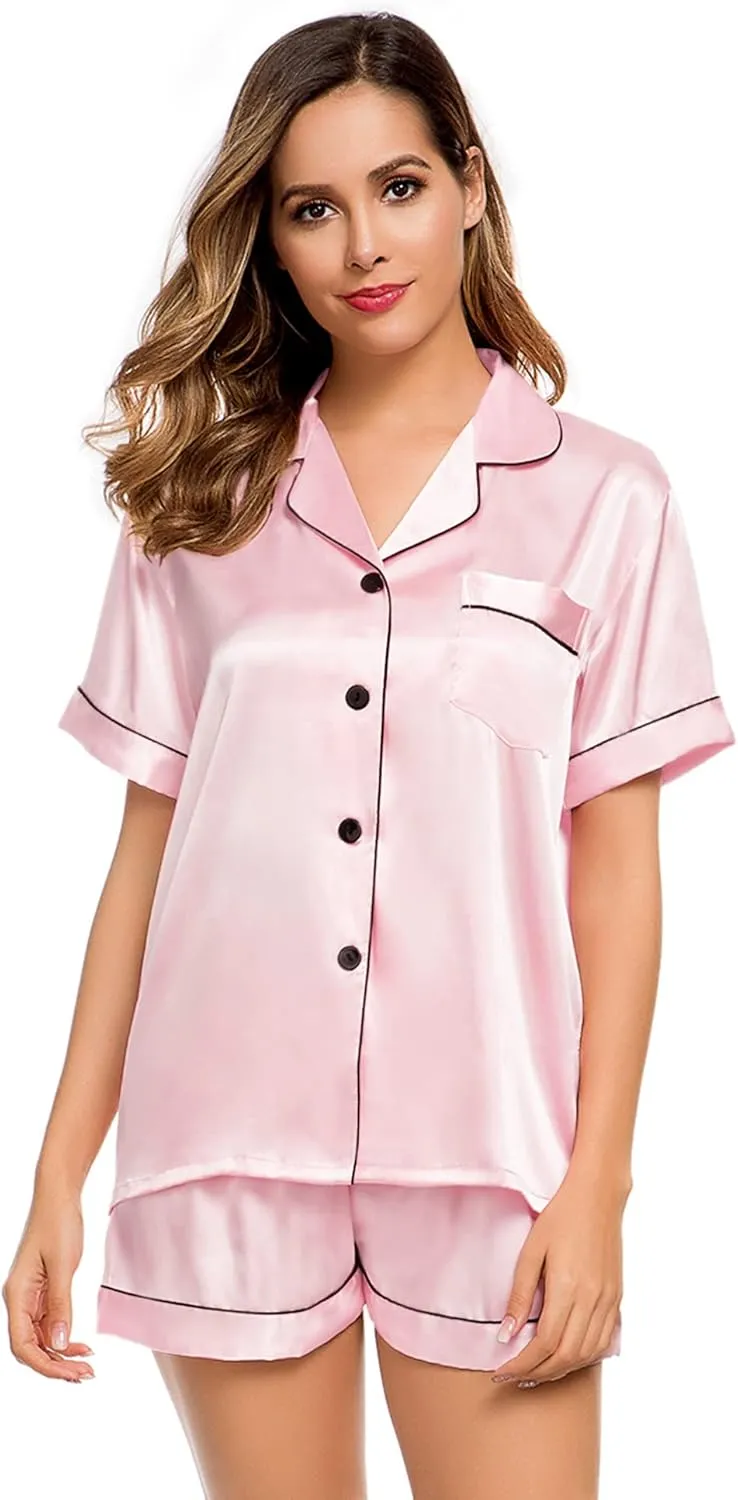 LecGee Womens Silk Satin Pajamas Short Sleeve Loungewear Two-Piece Sleepwear Button-Down Pj Set