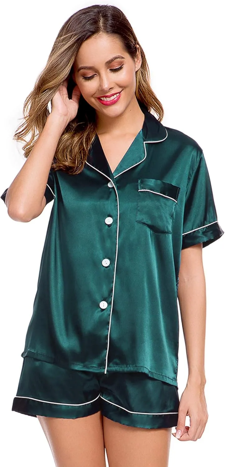LecGee Womens Silk Satin Pajamas Short Sleeve Loungewear Two-Piece Sleepwear Button-Down Pj Set