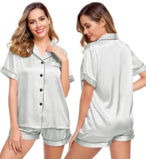 LecGee Womens Silk Satin Pajamas Short Sleeve Loungewear Two-Piece Sleepwear Button-Down Pj Set