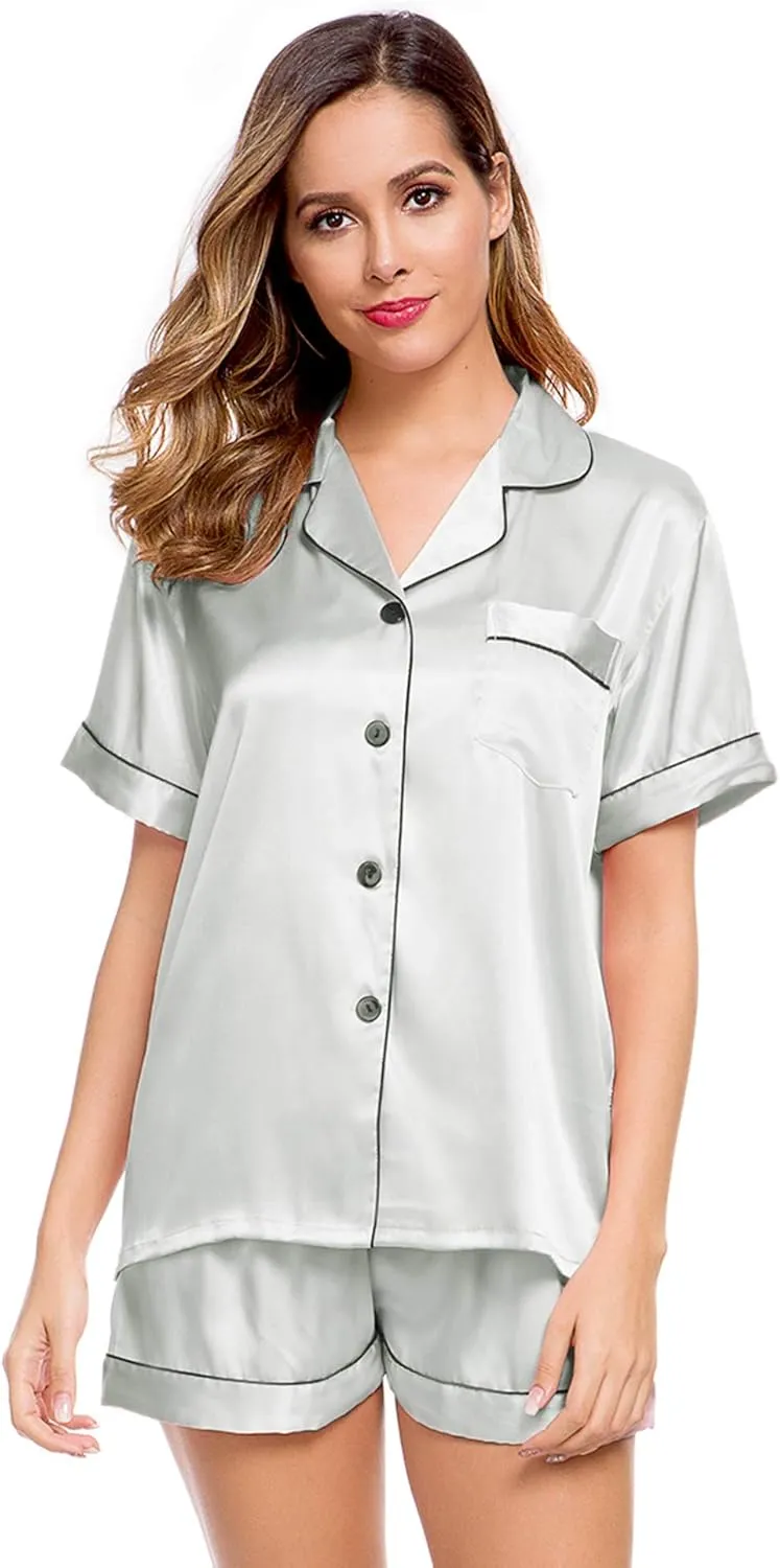 LecGee Womens Silk Satin Pajamas Short Sleeve Loungewear Two-Piece Sleepwear Button-Down Pj Set