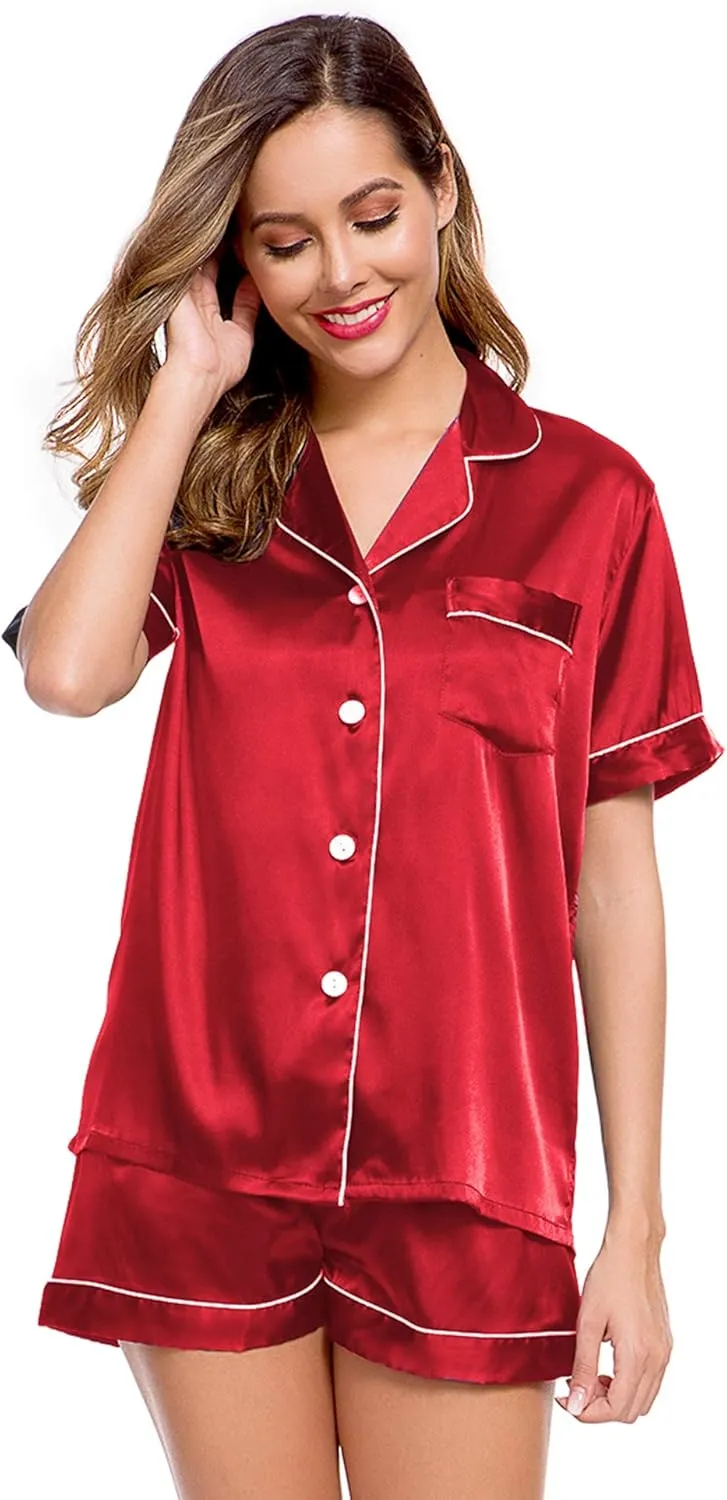 LecGee Womens Silk Satin Pajamas Short Sleeve Loungewear Two-Piece Sleepwear Button-Down Pj Set