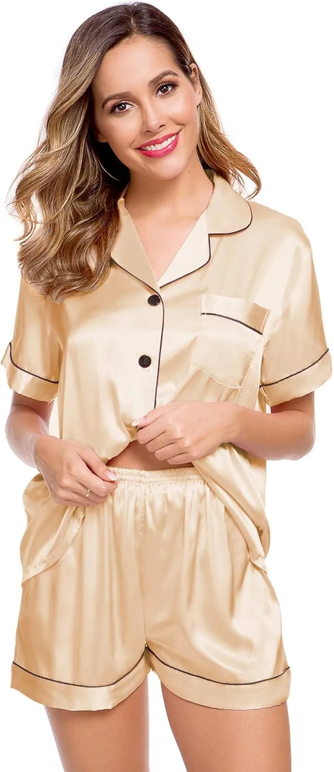 LecGee Womens Silk Satin Pajamas Short Sleeve Loungewear Two-Piece Sleepwear Button-Down Pj Set