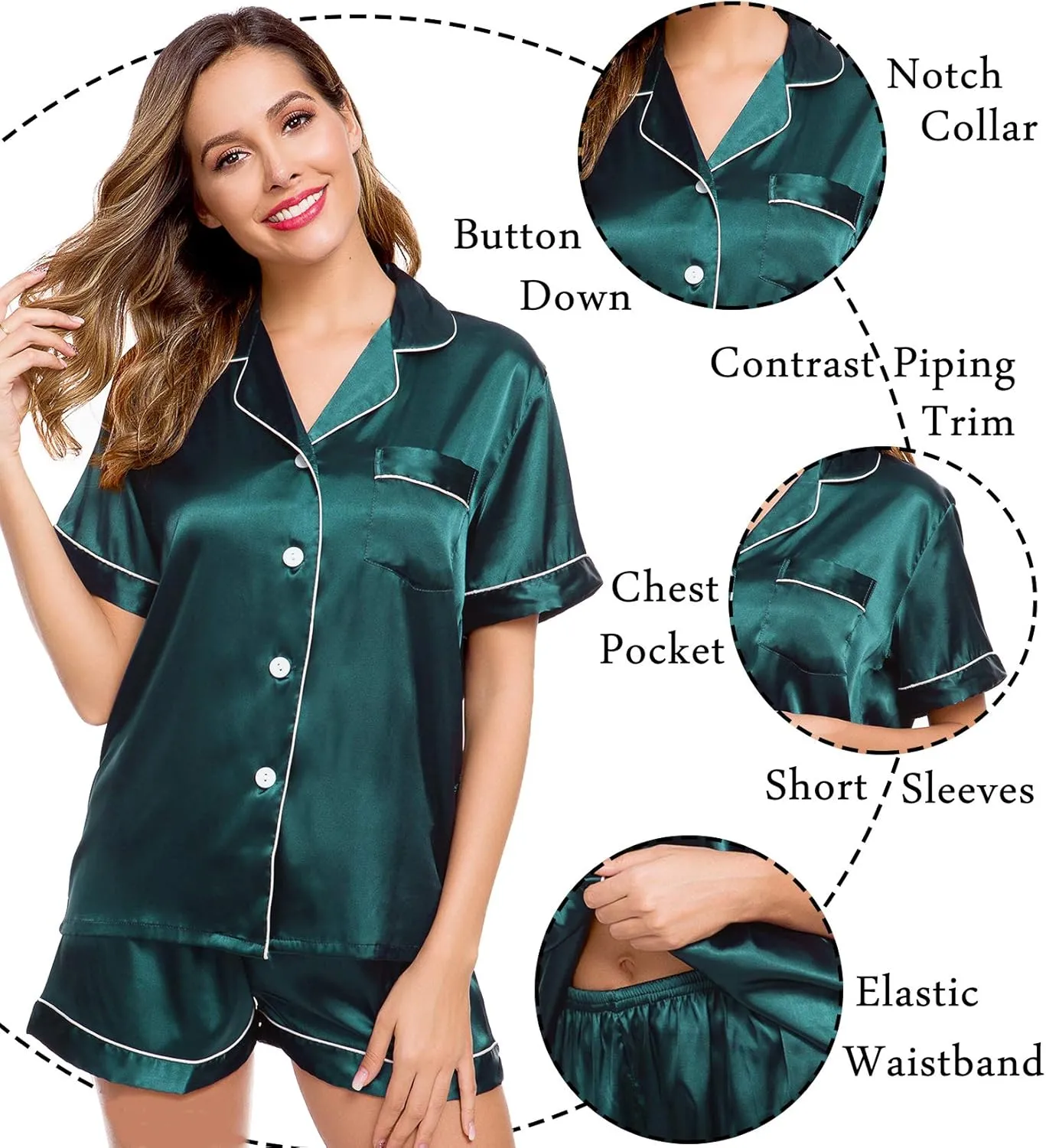 LecGee Womens Silk Satin Pajamas Short Sleeve Loungewear Two-Piece Sleepwear Button-Down Pj Set