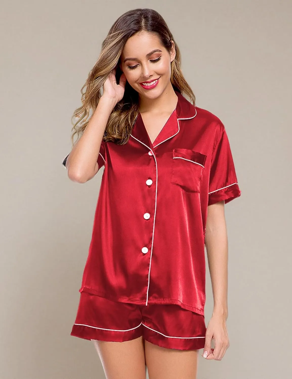 LecGee Womens Silk Satin Pajamas Short Sleeve Loungewear Two-Piece Sleepwear Button-Down Pj Set