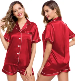 LecGee Womens Silk Satin Pajamas Short Sleeve Loungewear Two-Piece Sleepwear Button-Down Pj Set