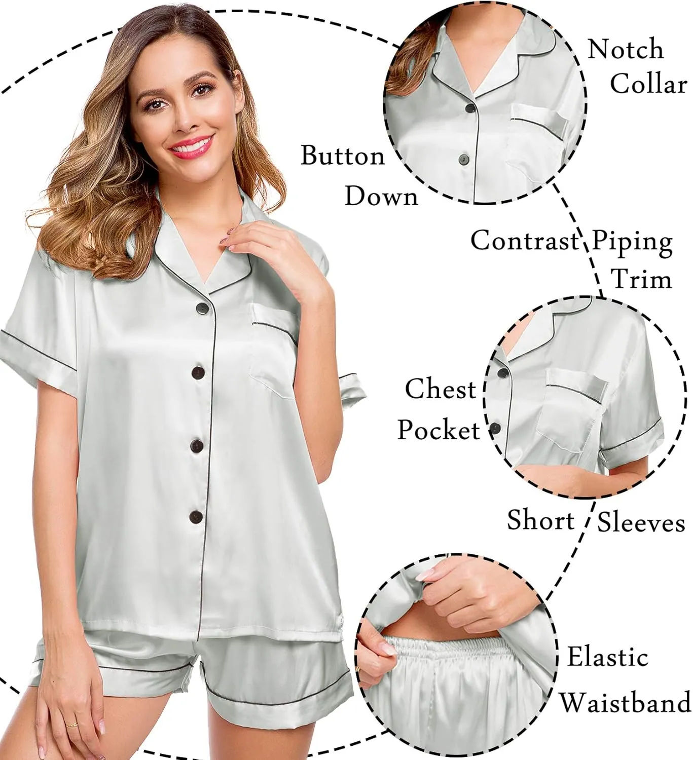 LecGee Womens Silk Satin Pajamas Short Sleeve Loungewear Two-Piece Sleepwear Button-Down Pj Set