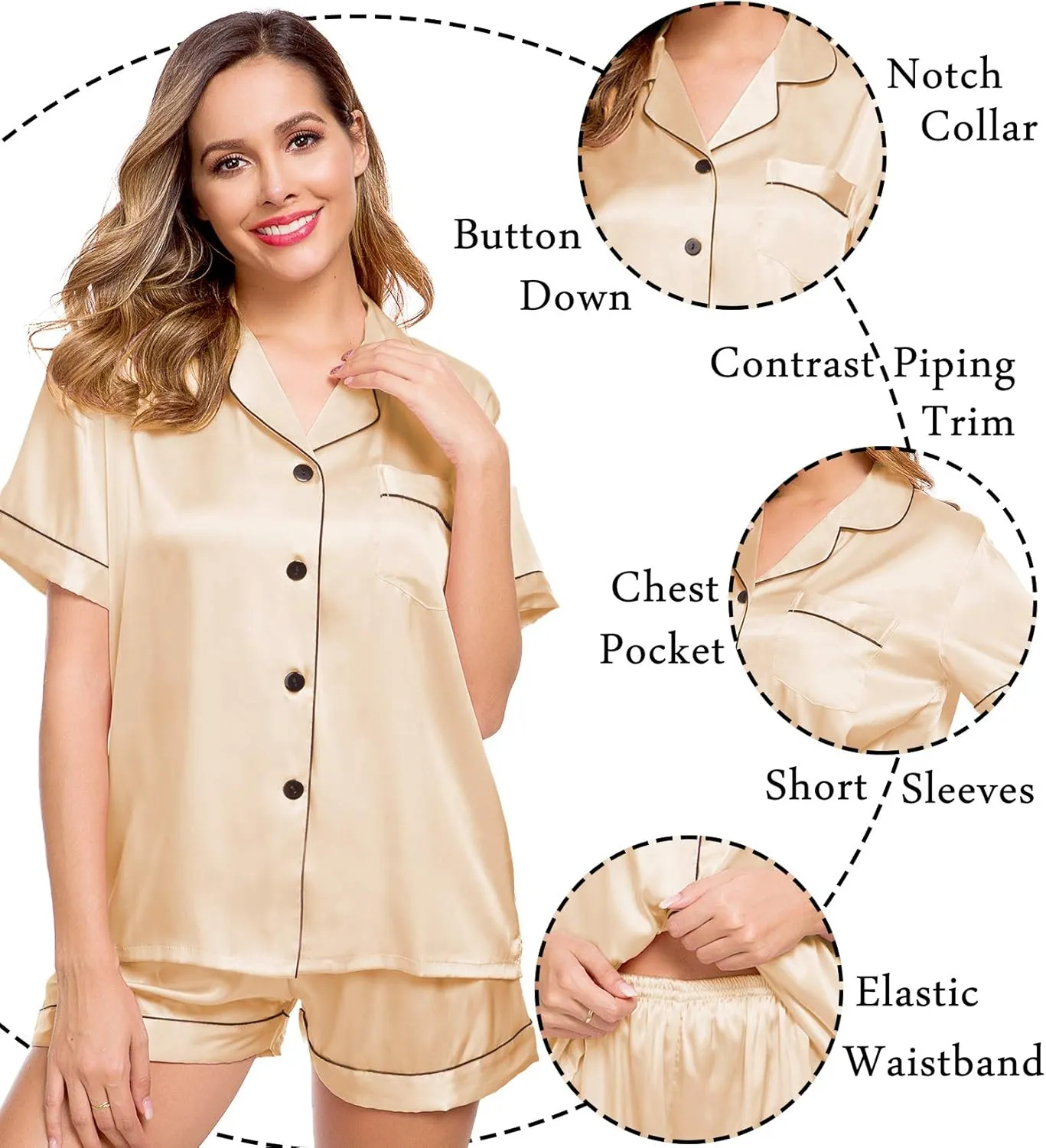 LecGee Womens Silk Satin Pajamas Short Sleeve Loungewear Two-Piece Sleepwear Button-Down Pj Set