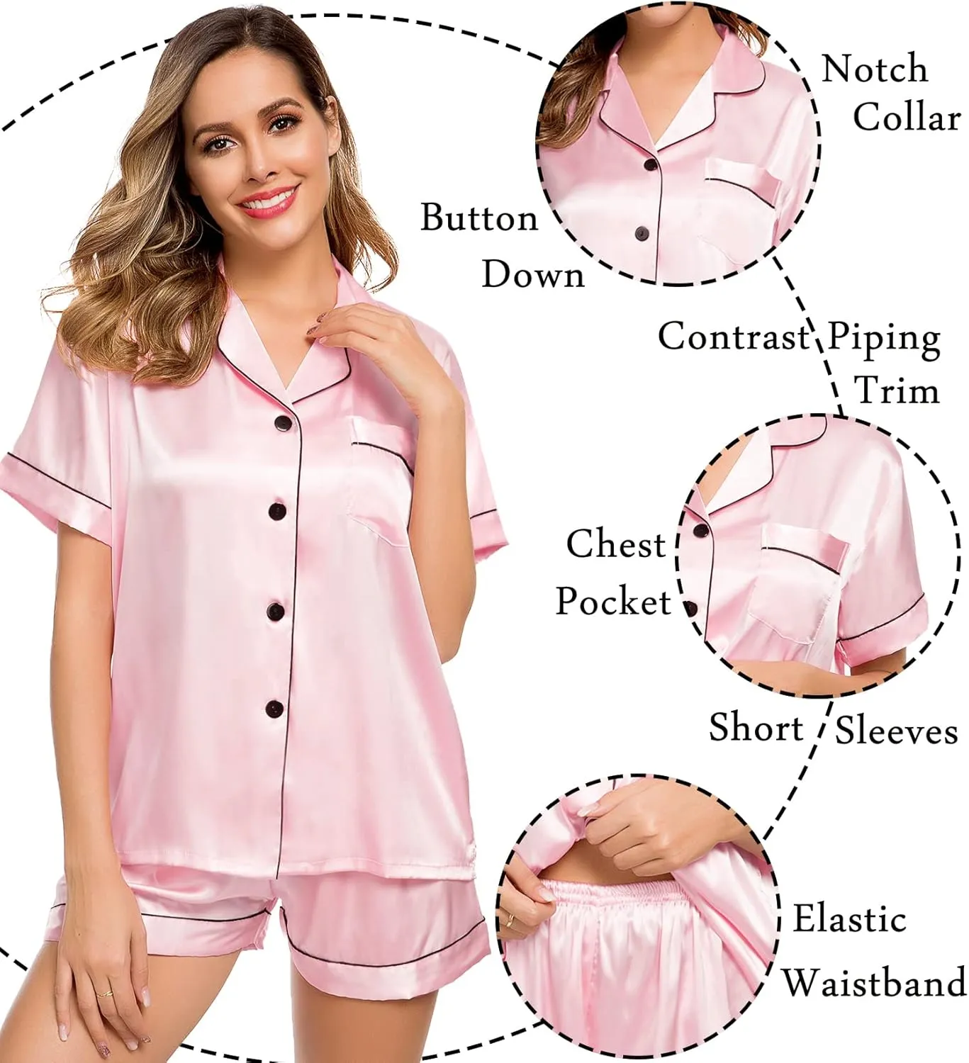 LecGee Womens Silk Satin Pajamas Short Sleeve Loungewear Two-Piece Sleepwear Button-Down Pj Set