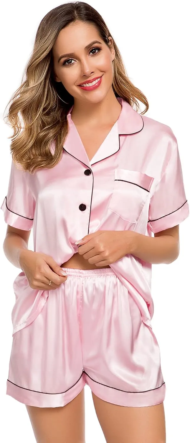 LecGee Womens Silk Satin Pajamas Short Sleeve Loungewear Two-Piece Sleepwear Button-Down Pj Set
