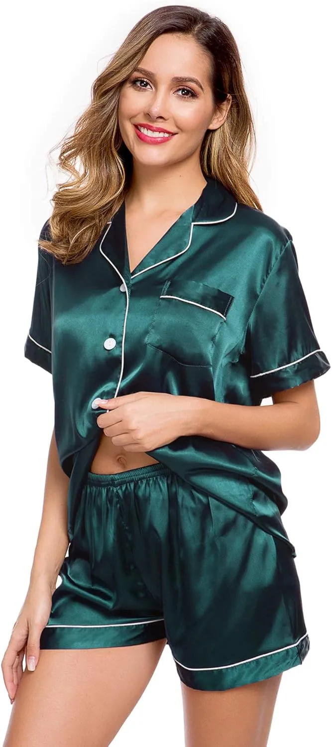 LecGee Womens Silk Satin Pajamas Short Sleeve Loungewear Two-Piece Sleepwear Button-Down Pj Set