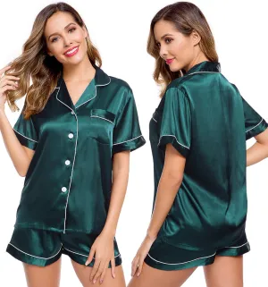 LecGee Womens Silk Satin Pajamas Short Sleeve Loungewear Two-Piece Sleepwear Button-Down Pj Set