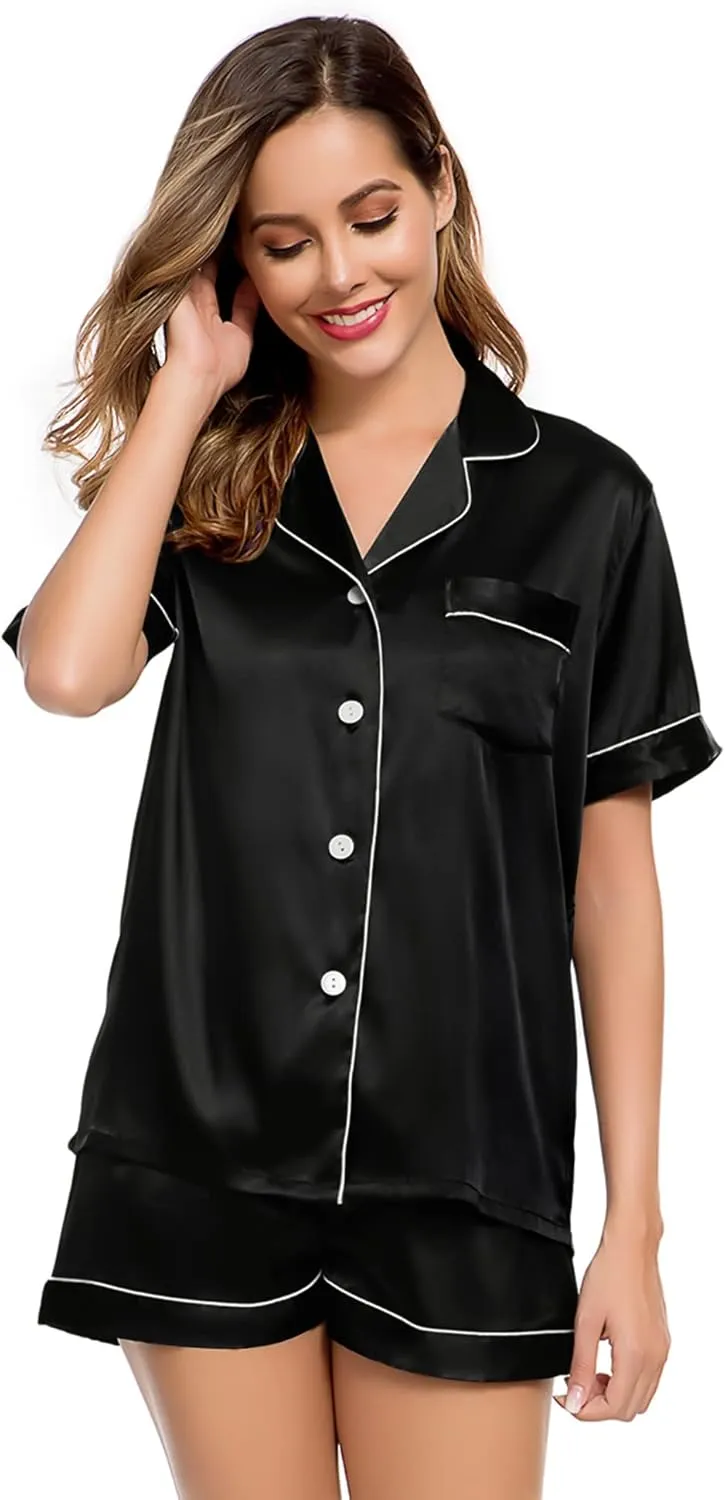 LecGee Womens Silk Satin Pajamas Short Sleeve Loungewear Two-Piece Sleepwear Button-Down Pj Set