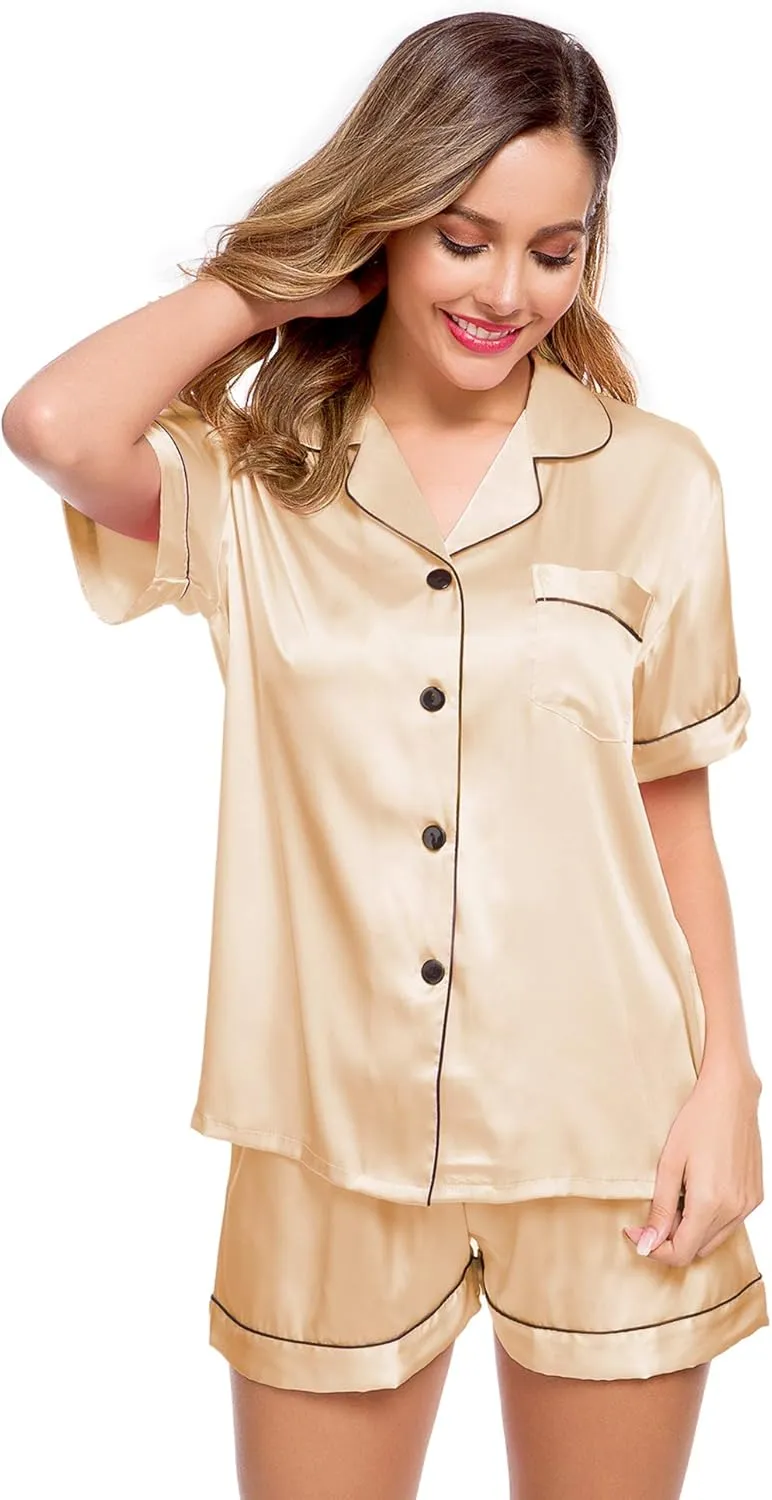 LecGee Womens Silk Satin Pajamas Short Sleeve Loungewear Two-Piece Sleepwear Button-Down Pj Set