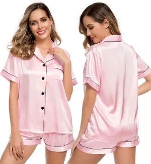 LecGee Womens Silk Satin Pajamas Short Sleeve Loungewear Two-Piece Sleepwear Button-Down Pj Set
