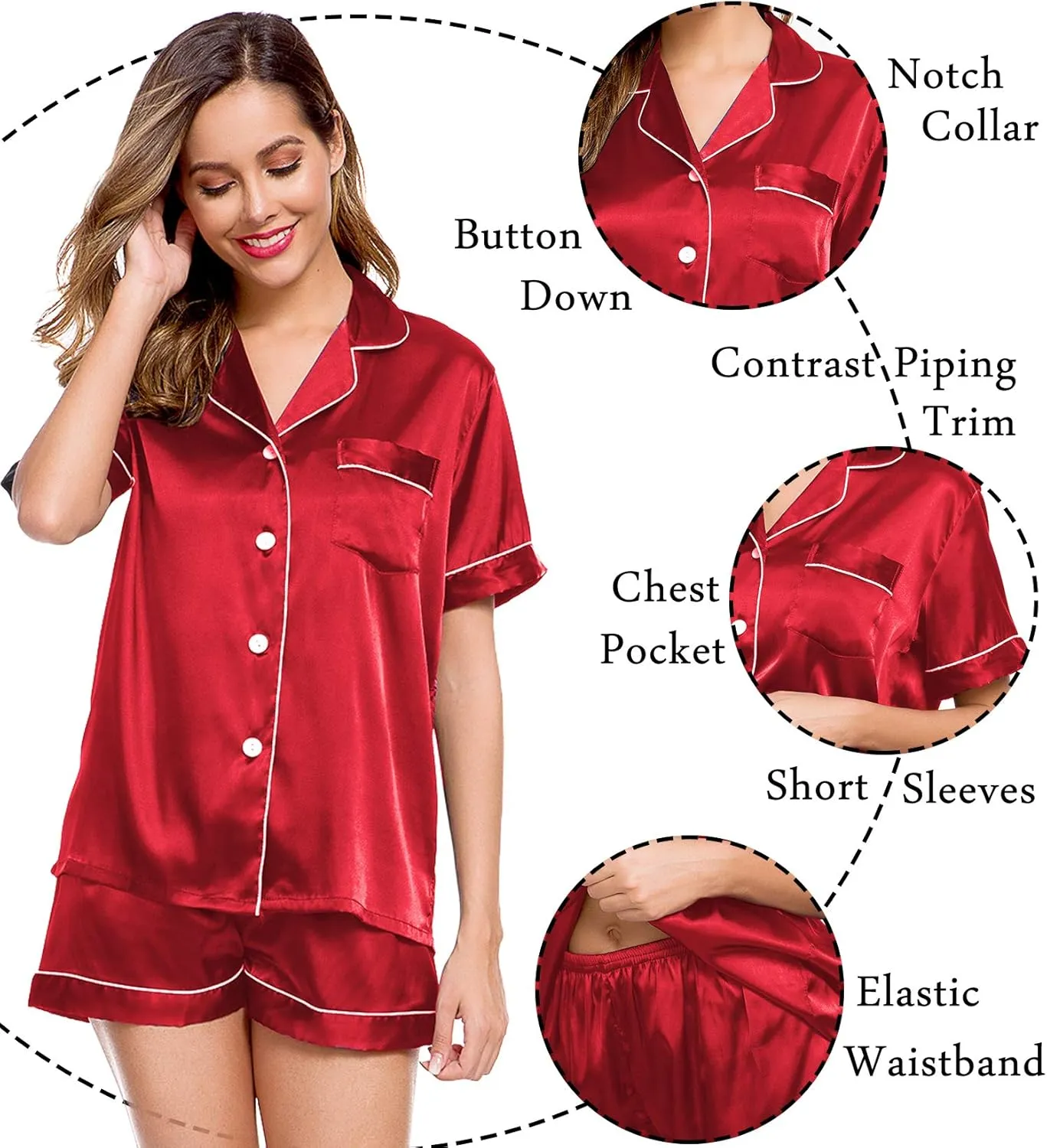 LecGee Womens Silk Satin Pajamas Short Sleeve Loungewear Two-Piece Sleepwear Button-Down Pj Set