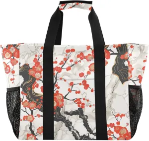 Marble Wintersweet Plum Blossom Red Utility Tote Bag Collapsable Beach Bag Tote Waterproof Reusable Bags For Groceries Canvas Totes Bags For Car