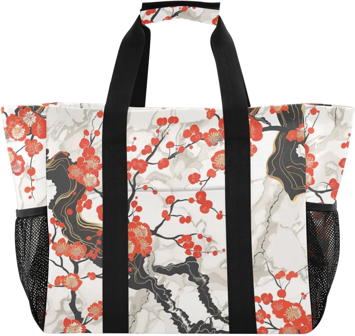 Marble Wintersweet Plum Blossom Red Utility Tote Bag Collapsable Beach Bag Tote Waterproof Reusable Bags For Groceries Canvas Totes Bags For Car
