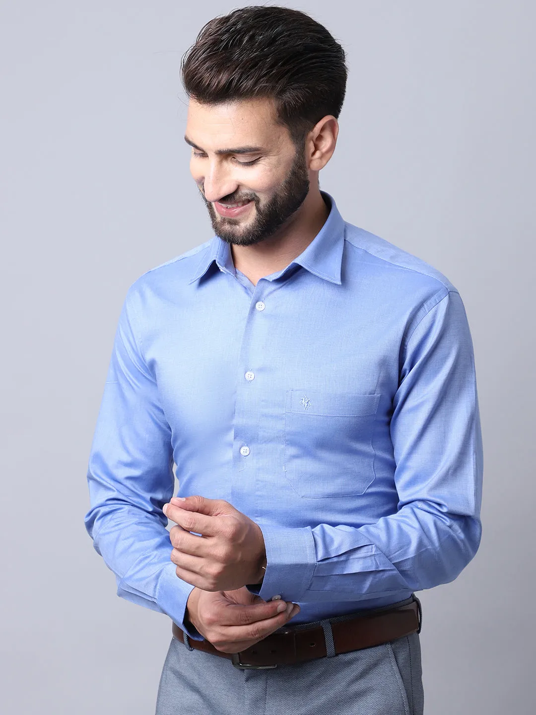 Men's Sky Blue Formal Fil a Fil Plain Full Sleeve Shirt