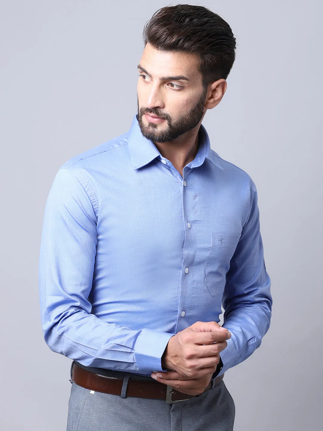 Men's Sky Blue Formal Fil a Fil Plain Full Sleeve Shirt