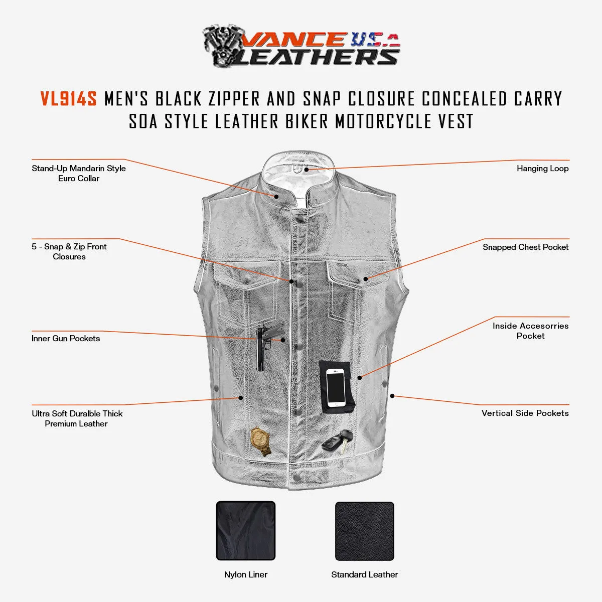 Men's Standard Black Zipper and Snap Closure Concealed Carry SOA Style Leather Motorcycle Vest