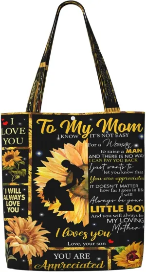 Mother's Day Sunflower to My Mom Canvas Totes Bag Shoulder Bags Shopping Crossbody Travel Handbag 13.8 X 15.4 inch