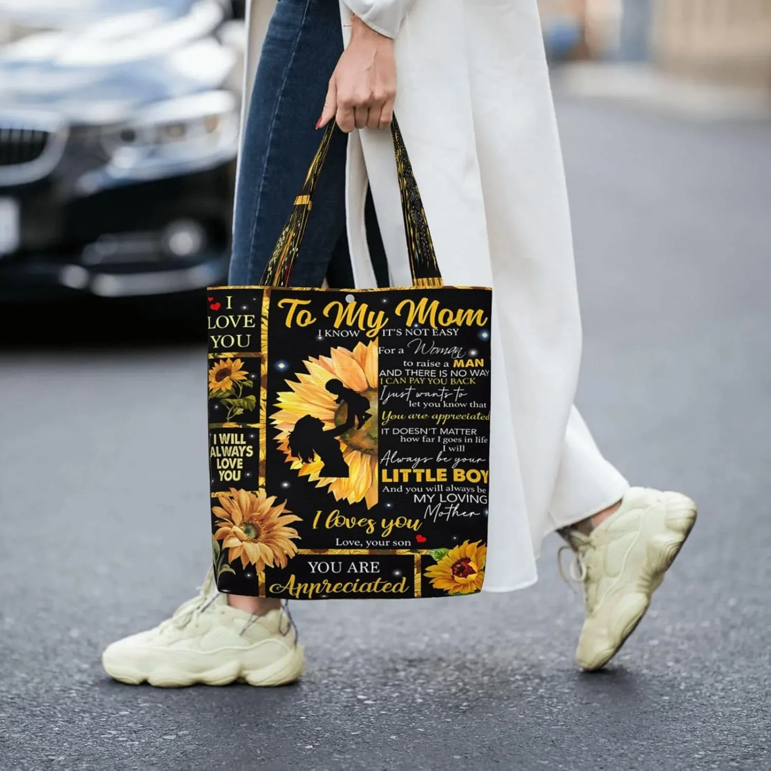 Mother's Day Sunflower to My Mom Canvas Totes Bag Shoulder Bags Shopping Crossbody Travel Handbag 13.8 X 15.4 inch
