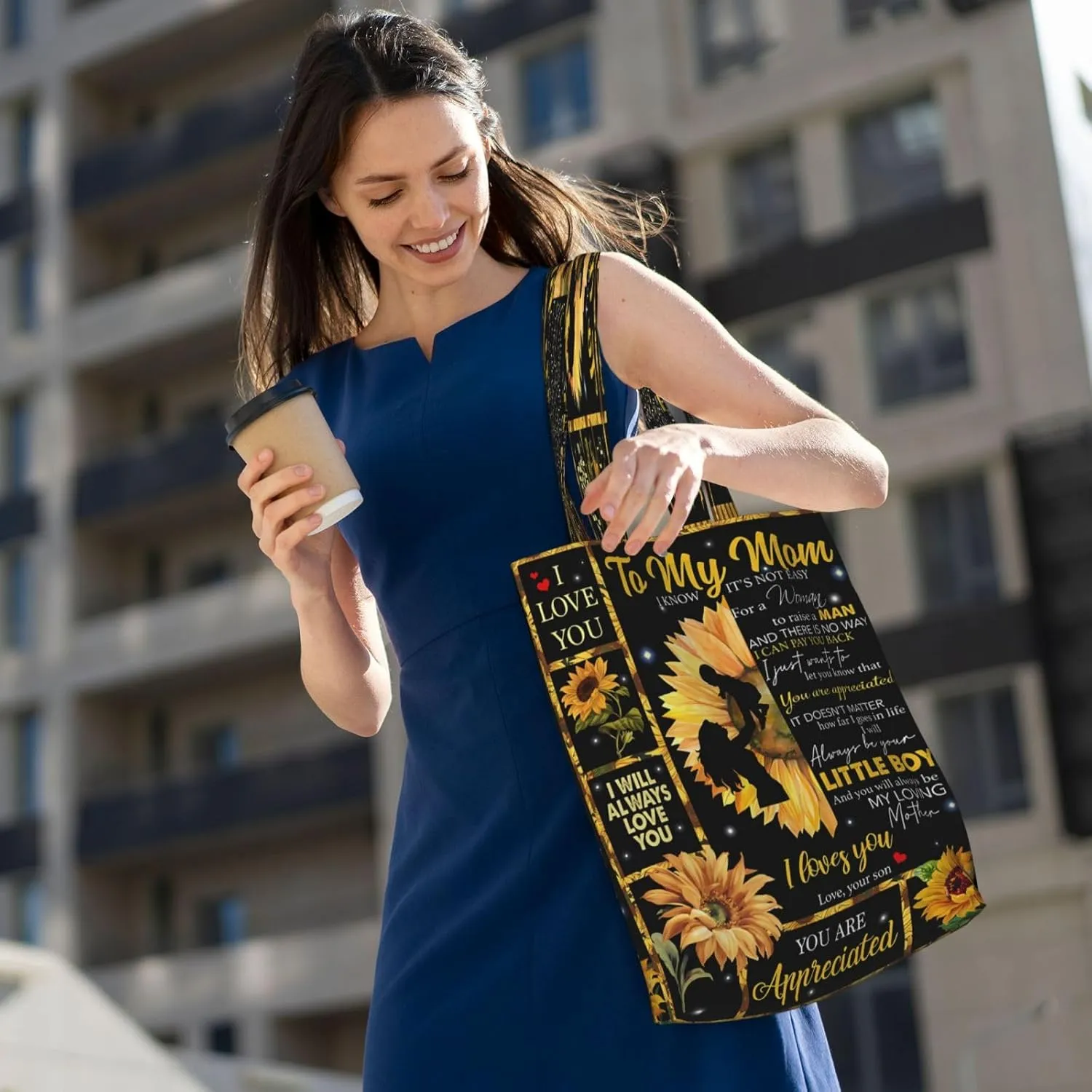 Mother's Day Sunflower to My Mom Canvas Totes Bag Shoulder Bags Shopping Crossbody Travel Handbag 13.8 X 15.4 inch
