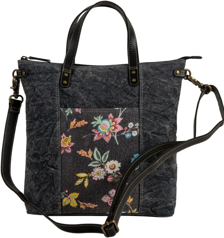 Myra Bag Floral Canvas Bags - Cavender Floral Dark Denim-Look Black Tote Bag, Floral Accent Hobo Crossbody Bags for Women, Tote Bag with Zipper, Canvas Tote Bag for Women