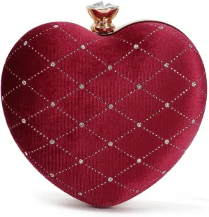 Oweisong Red Heart Shaped Purses for Women Black Velvet Clutch Bag Sparkling Rhinestone Evening Handbag for Wedding Party