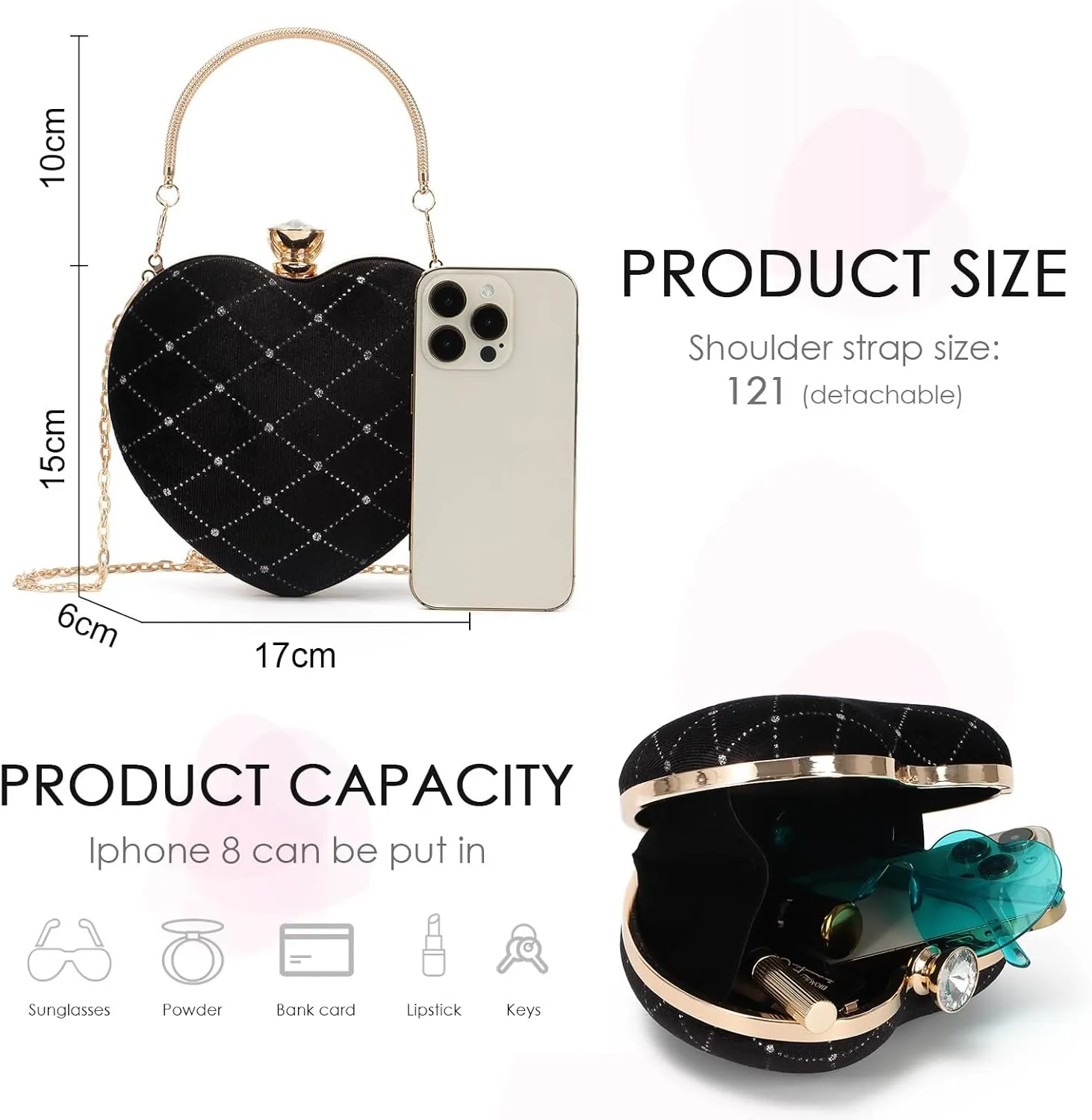 Oweisong Red Heart Shaped Purses for Women Black Velvet Clutch Bag Sparkling Rhinestone Evening Handbag for Wedding Party